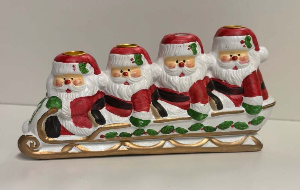 Vintage Ceramic Hand-Painted Santa Claus Sleigh Candle Holder